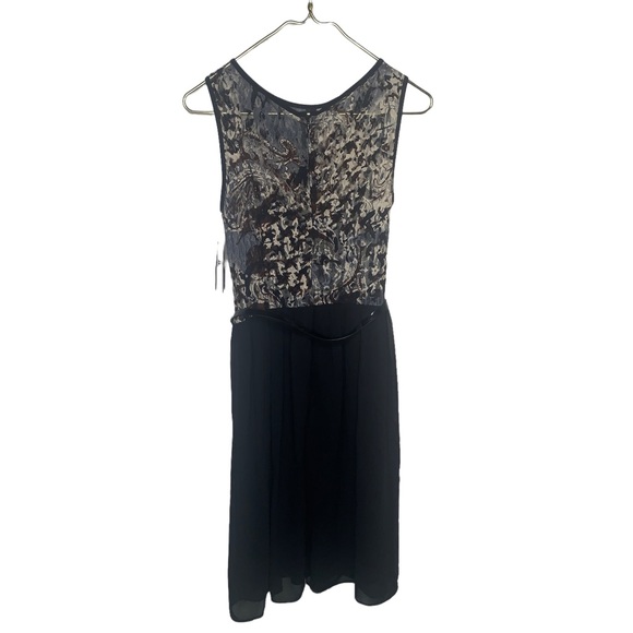 AB Studio Womens Size 6 Belted Black Dress Lace Top Sheer Bottom Built in Cami - Picture 3 of 12